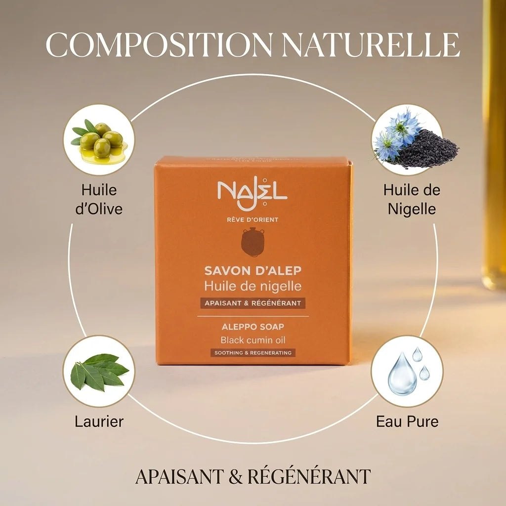 Savon Najel Alep huile de nigelle - composition naturelle avec olive, laurier et eau pure
