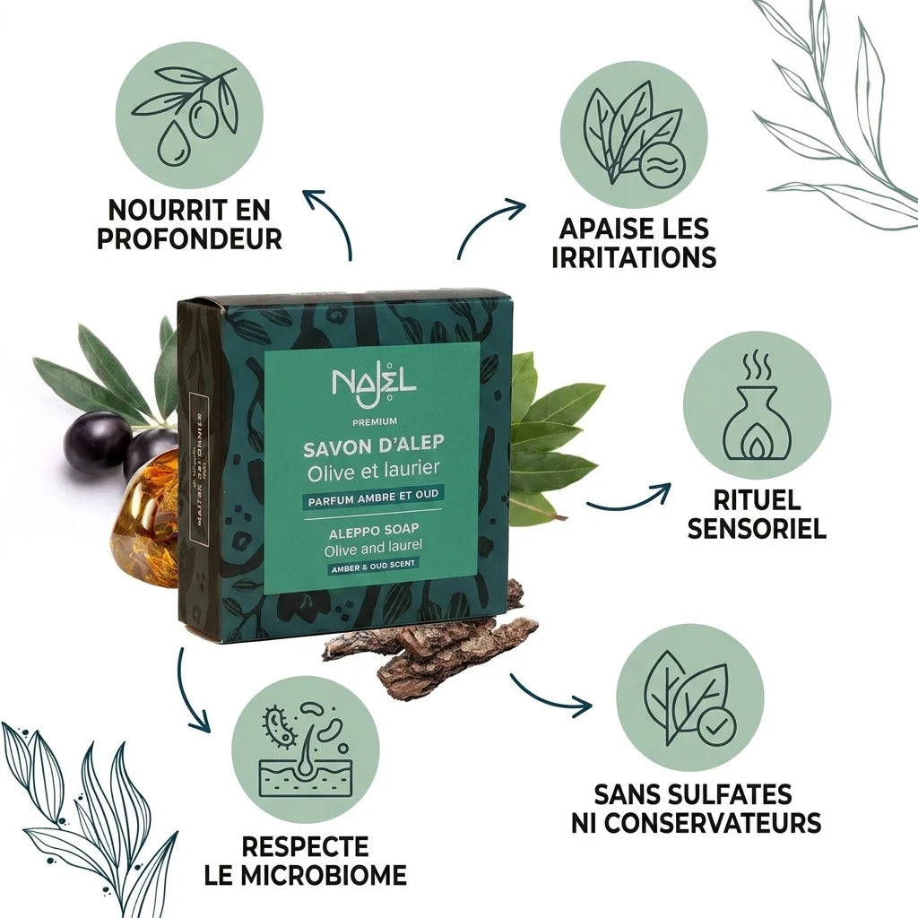 Savon d'Alep Najel ambre et oud avec infographie des bénéfices naturels pour la peau