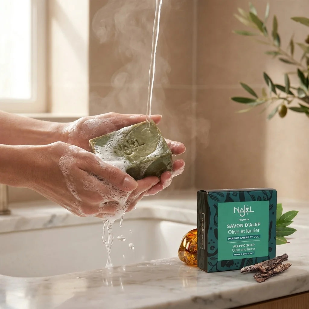 Savon d'Alep Najel ambre et oud en mousse sous l'eau chaude avec packaging