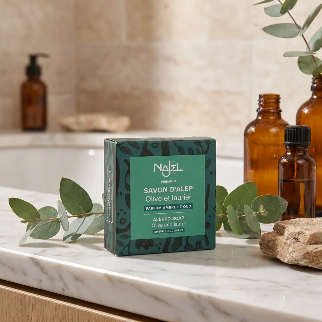 Savon d'Alep Najel ambre et oud dans son emballage teal sur marbre blanc avec branches d'eucalyptus