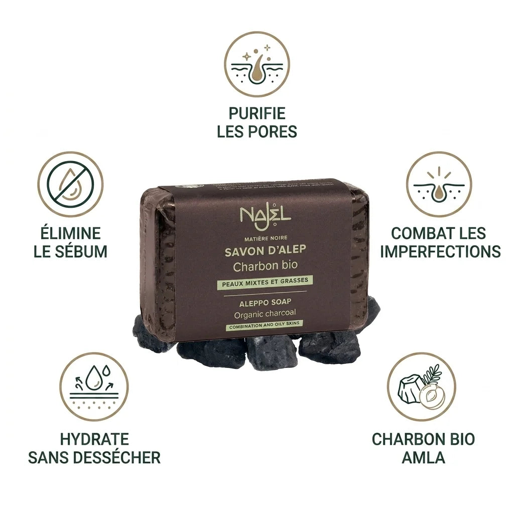 Savon Alep charbon végétal Najel bio avec bénéfices : purifie pores, élimine sébum, hydrate