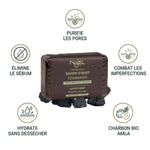 Savon Alep charbon végétal Najel bio avec bénéfices : purifie pores, élimine sébum, hydrate
