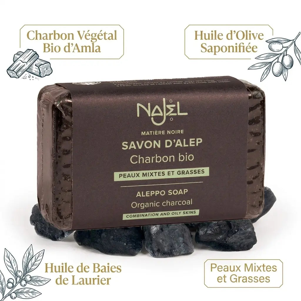 Savon Alep charbon végétal bio Najel avec ingrédients naturels et huile d'olive