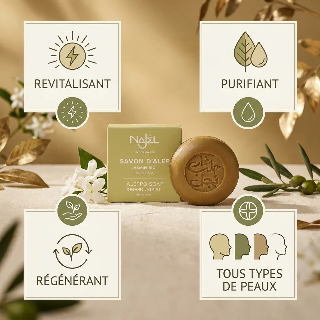 Savon d'Alep Najel jasmin bio - barre brune avec bénéfices revitalisant purifiant régénérant tous types peaux