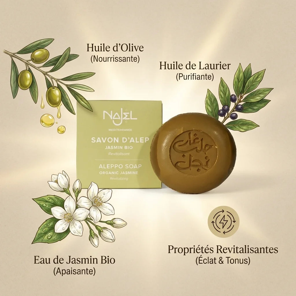 Savon d'Alep Najel jasmin bio avec ingrédients naturels - huile d'olive et laurier