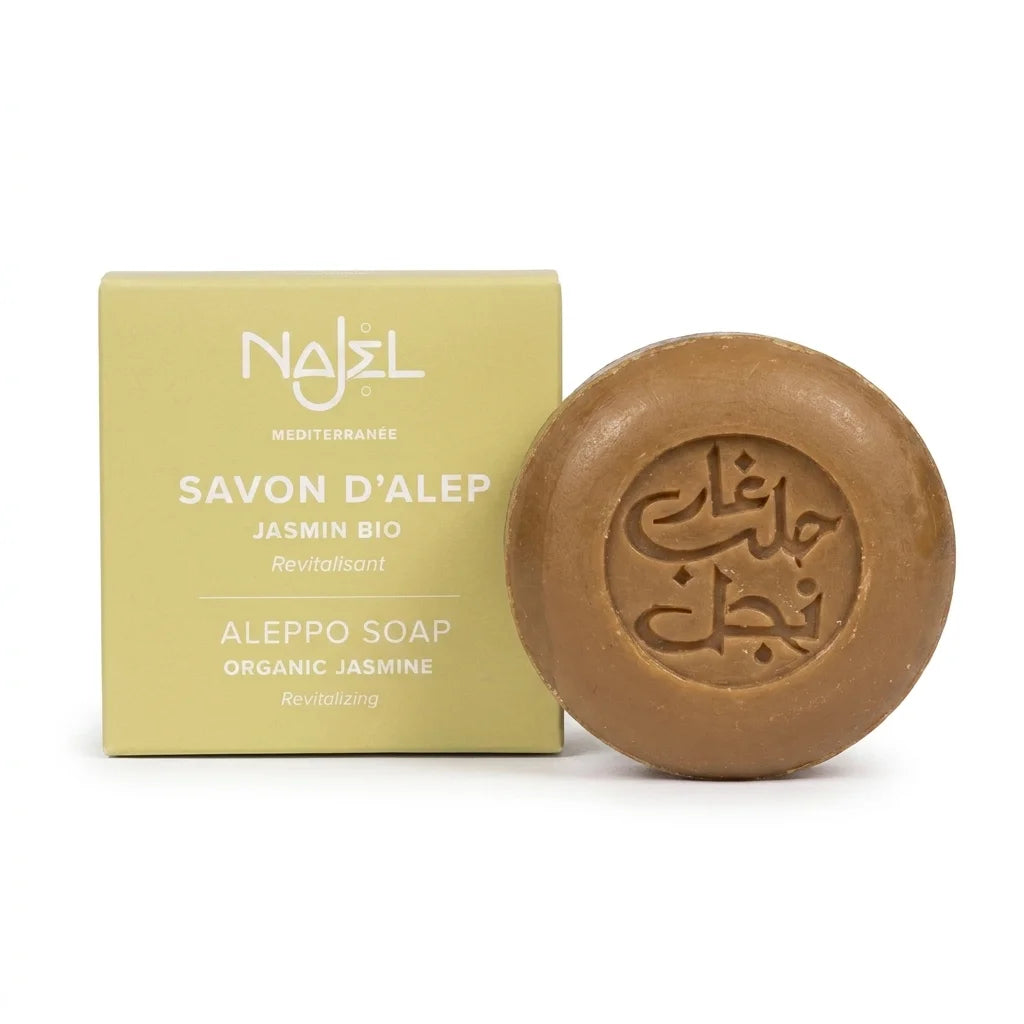 Savon d'Alep au jasmin bio Najel avec emballage carton et savon rond brun