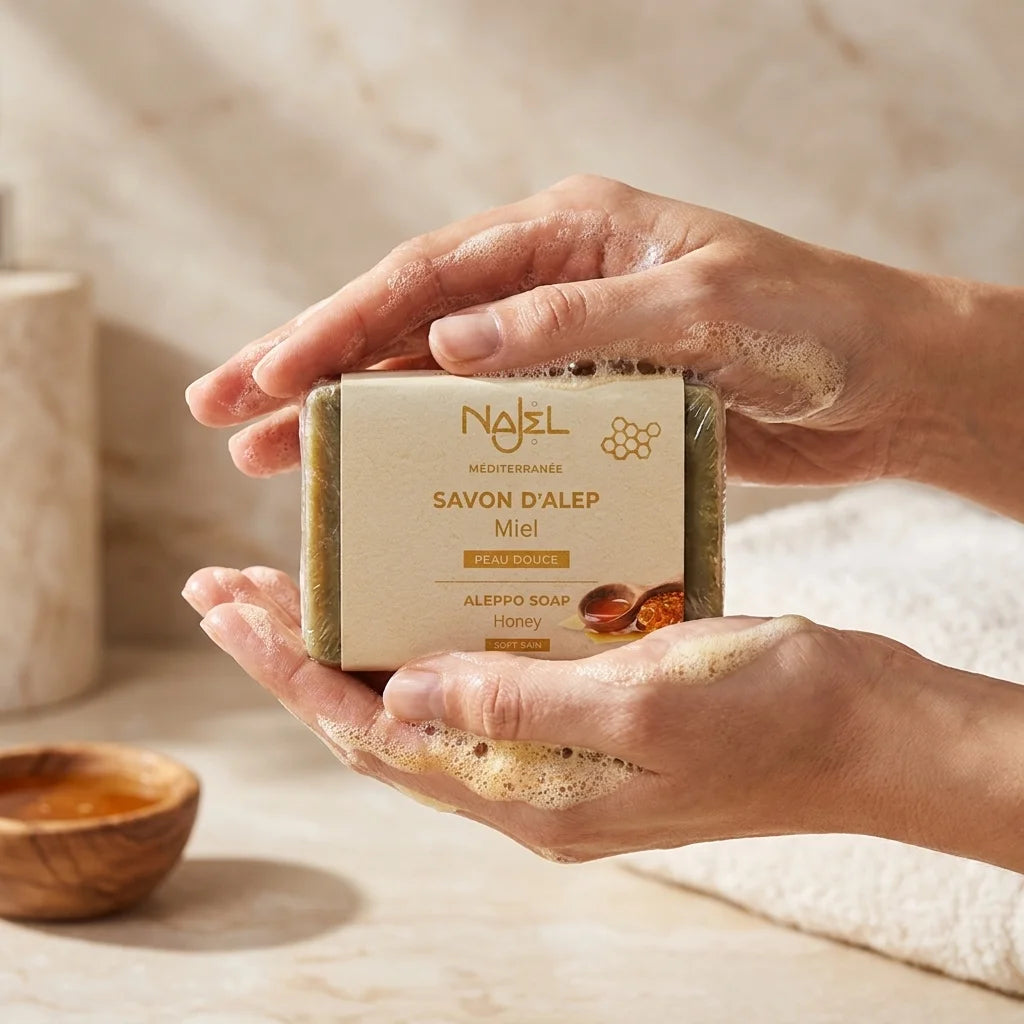Savon d'Alep Najel au miel créant une mousse dorée lors d'un soin de la peau luxueux
