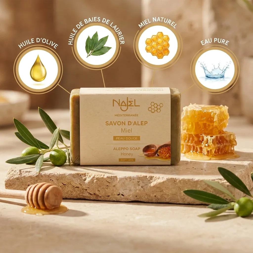 Savon d'Alep Najel au miel avec ingrédients naturels : huile d'olive, laurier et miel