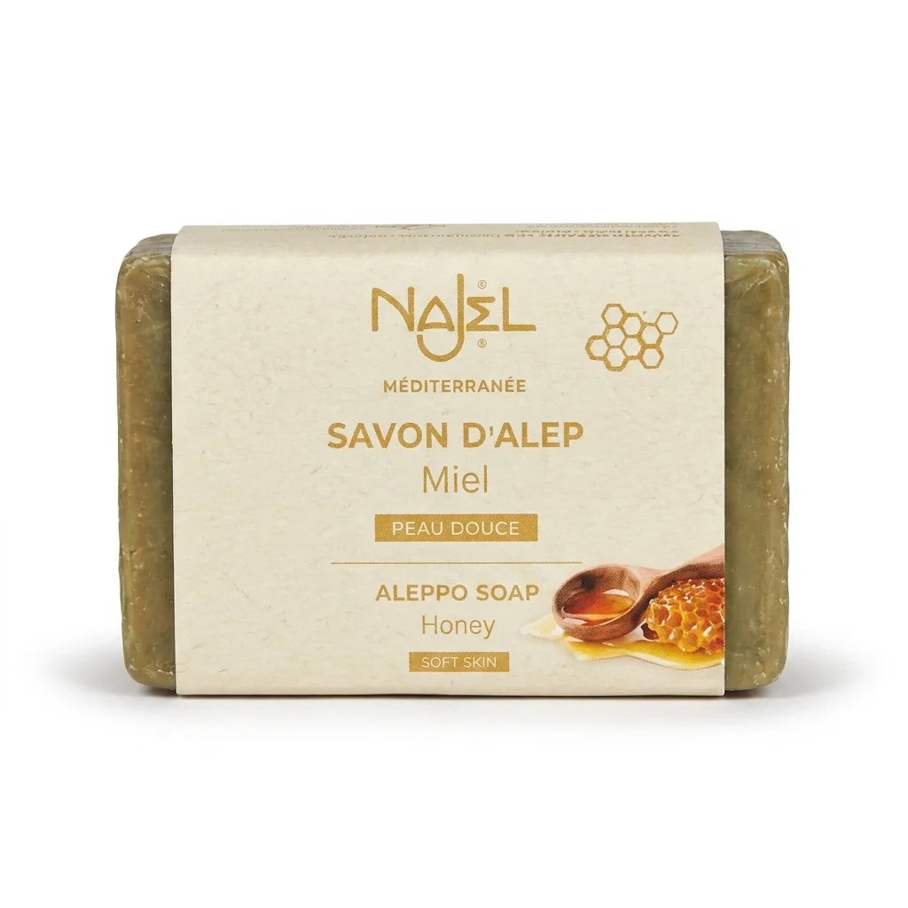 Savon d'Alep Najel au miel, bar de savon naturel crème et or sur fond blanc