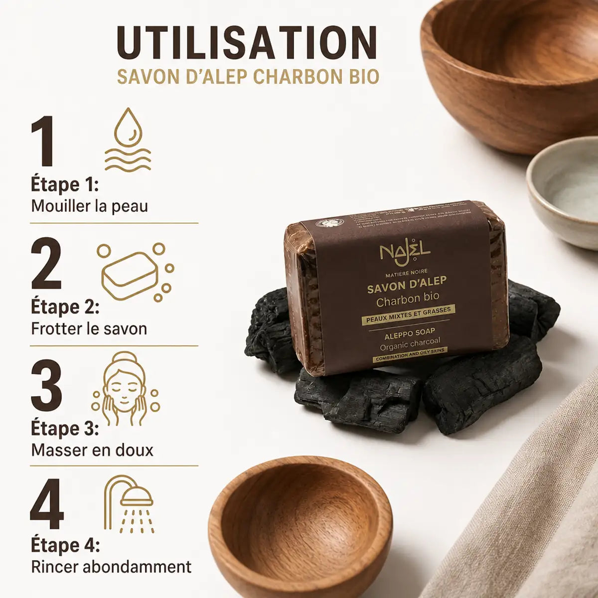 Savon d'Alep Charbon Bio Najel avec guide d'utilisation en 4 étapes et morceaux de charbon