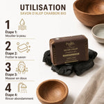 Savon d'Alep Charbon Bio Najel avec guide d'utilisation en 4 étapes et morceaux de charbon