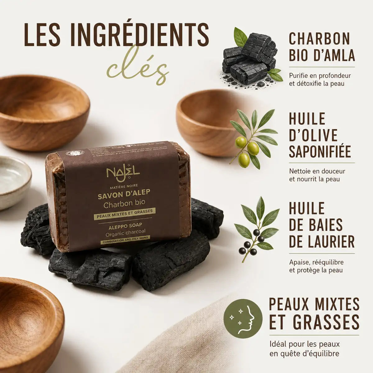 Savon d'Alep Najel au charbon bio avec ingrédients naturels pour peaux mixtes et grasses