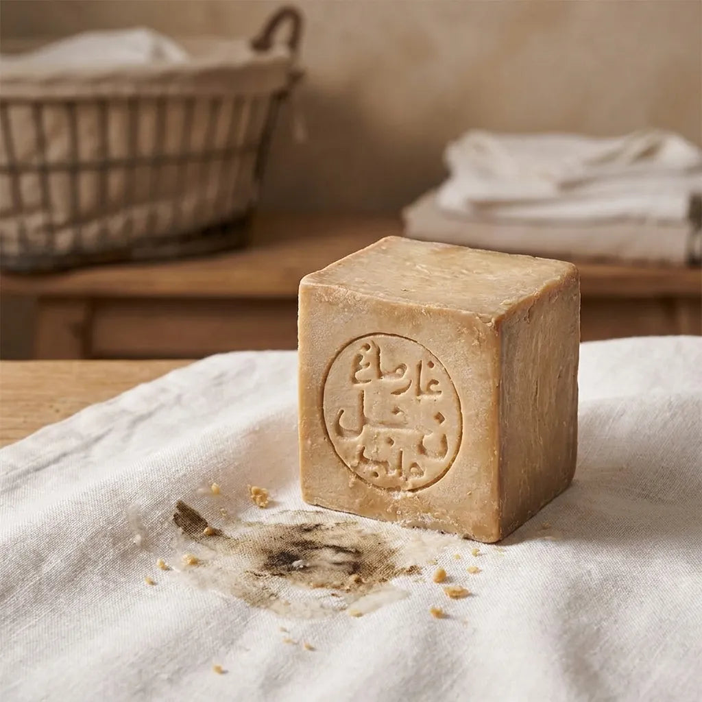 Savon d'Alep Najel détachant sur tache de graisse sur tissu blanc, produit authentique