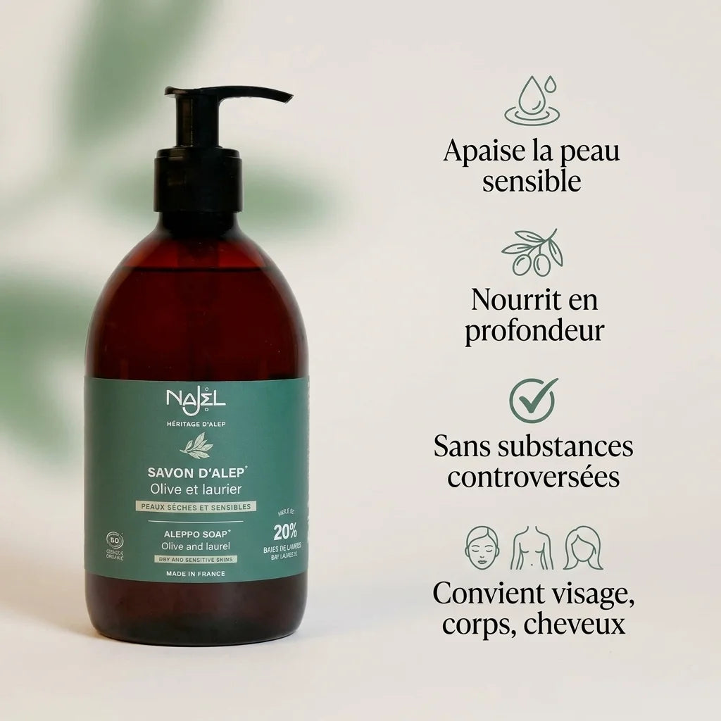 Savon d'Alep liquide Najel bio 20% HBL avec bénéfices : peau sensible, nutrition profonde