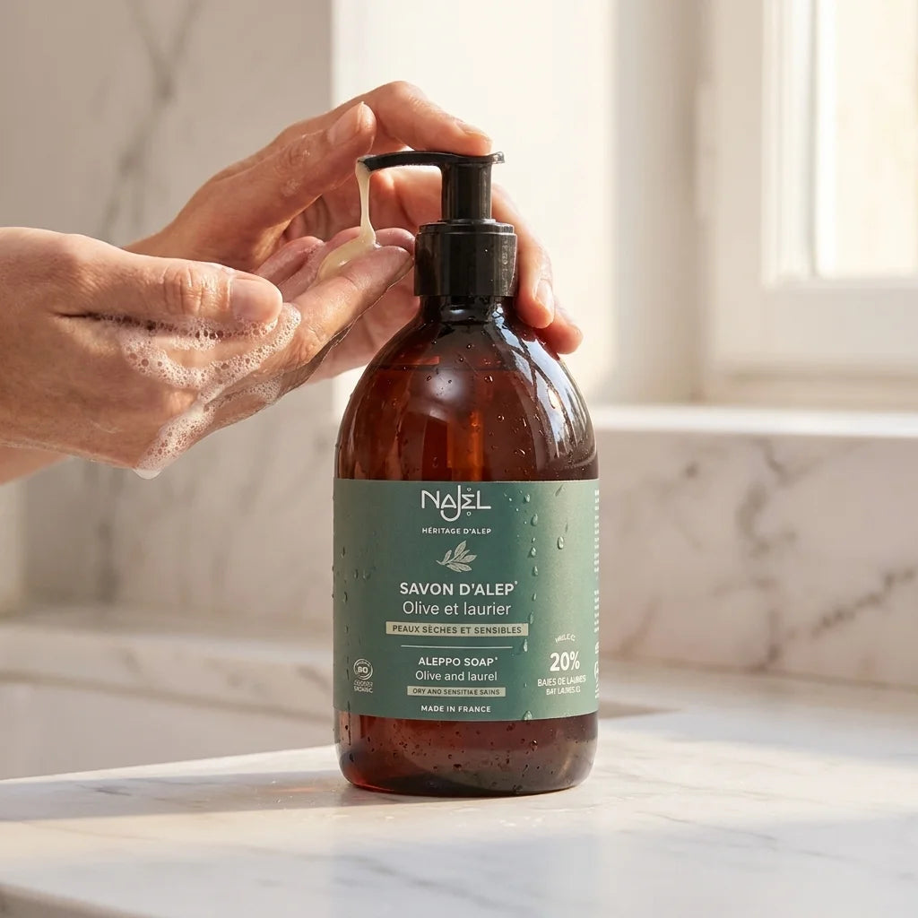 Savon d'Alep liquide Najel bio certifié 20% HBL application sur peau sensible
