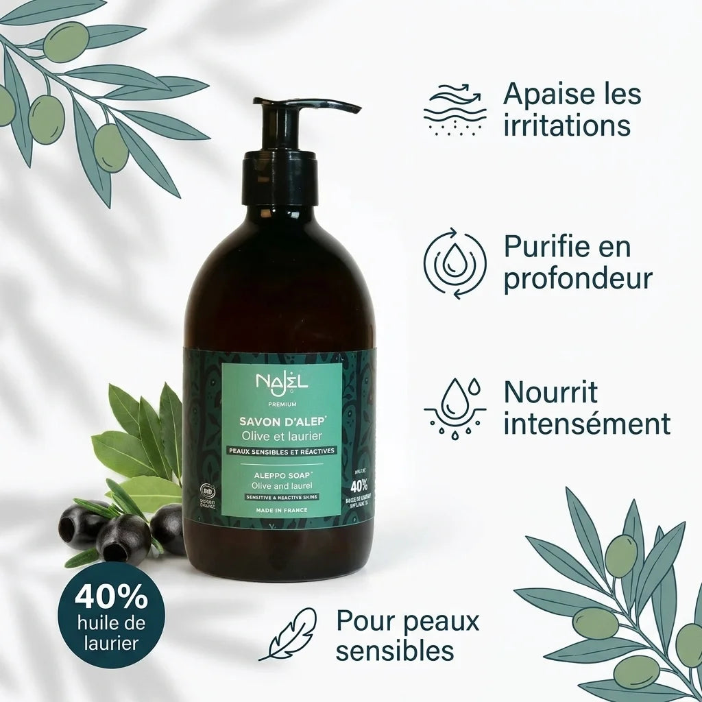 Savon d'Alep liquide Najel 40% HBL avec bénéfices pour peaux sensibles