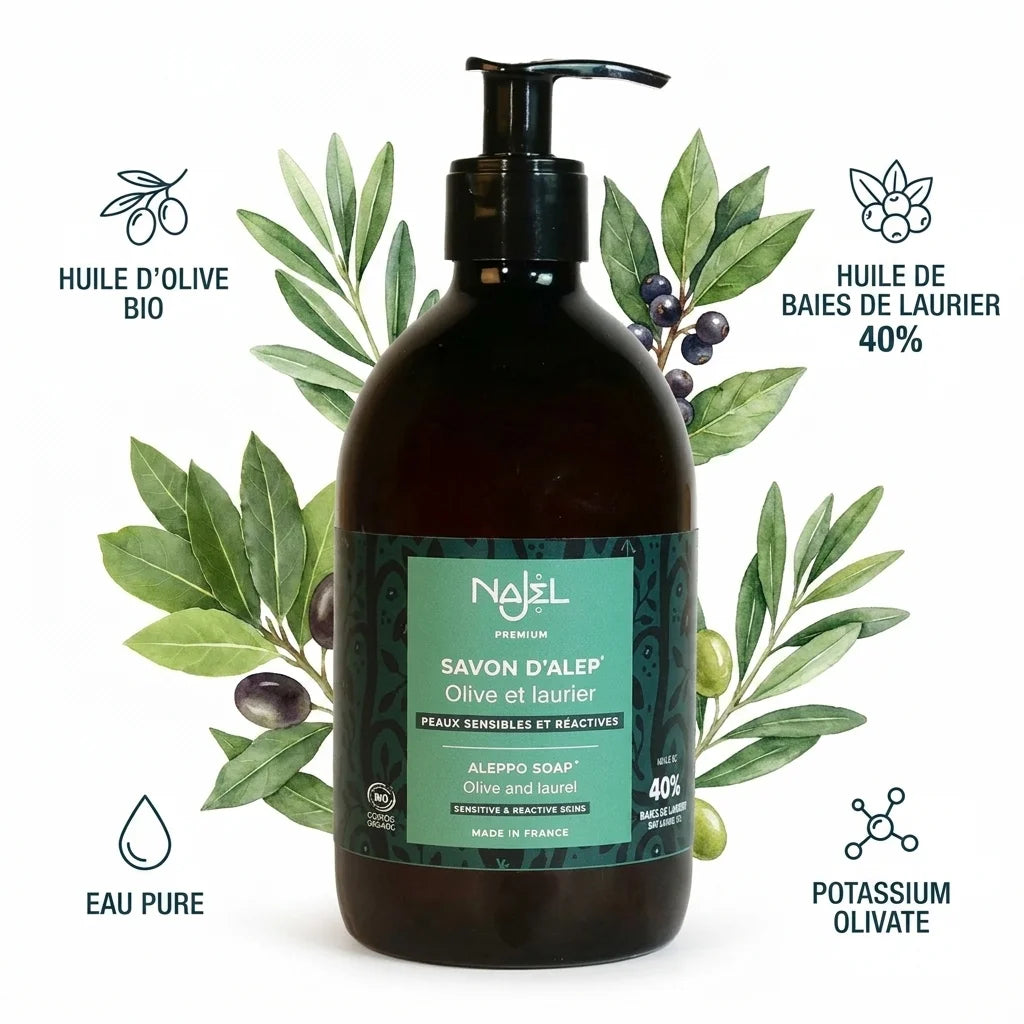 Savon d'Alep liquide Najel 40% HBL avec ingrédients bio olive et laurier sur fond blanc