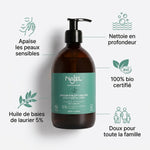 Savon d'Alep liquide Najel 5% bio avec infographie des bénéfaits et bouteille en verre