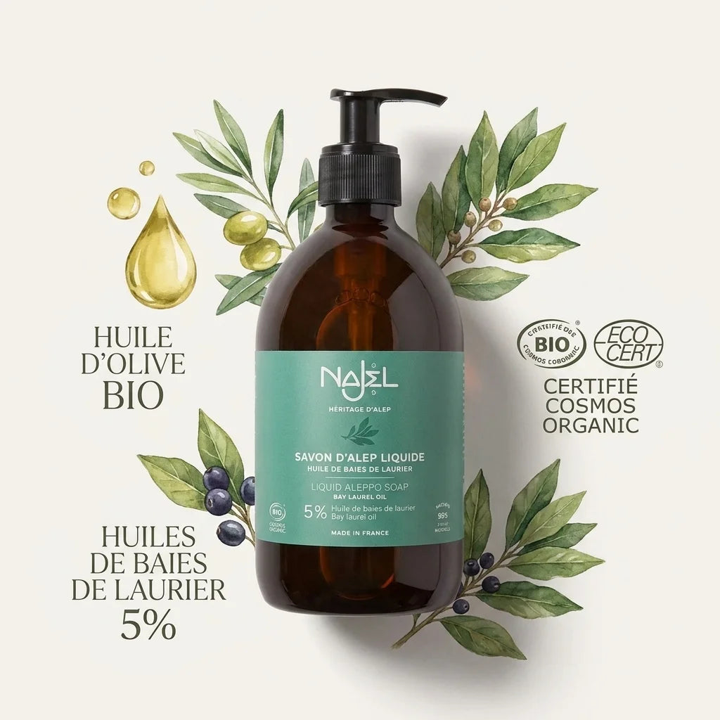 Savon d'Alep liquide Najel bio 5% avec huile d'olive et baies de laurier certifié Cosmos
