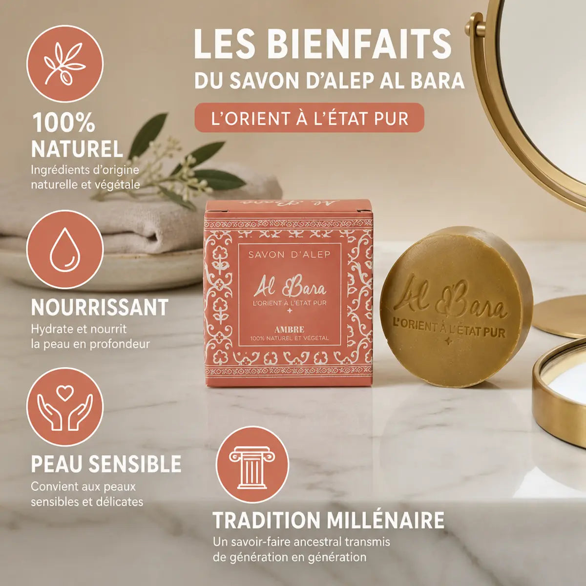Savon d'Alep Ambre Al Bara naturel avec infographie bénéfices sur marbre blanc