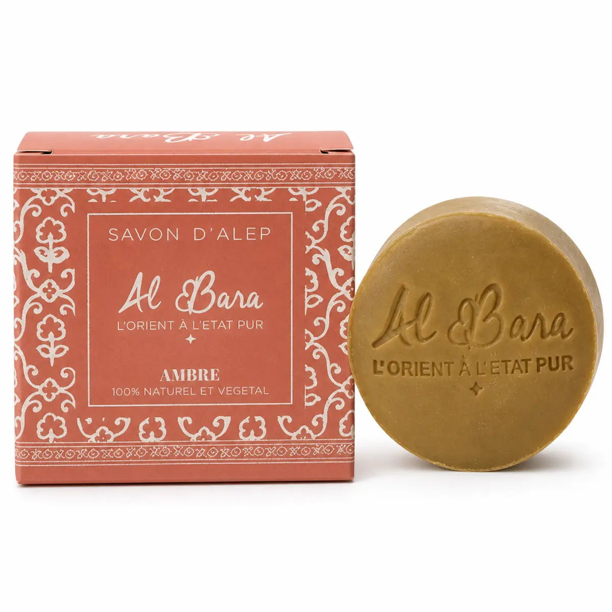Savon d'Alep Ambre Al Bara 50g avec boîte ornée rouge, savon naturel parfumé
