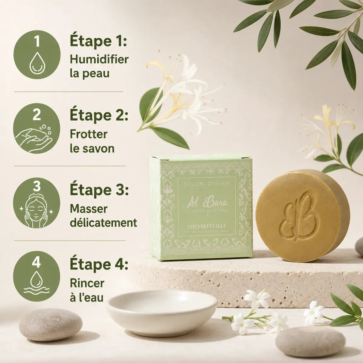 Savon d'Alep Chèvrefeuille Al Bara avec guide d'utilisation en 4 étapes - soin naturel premium