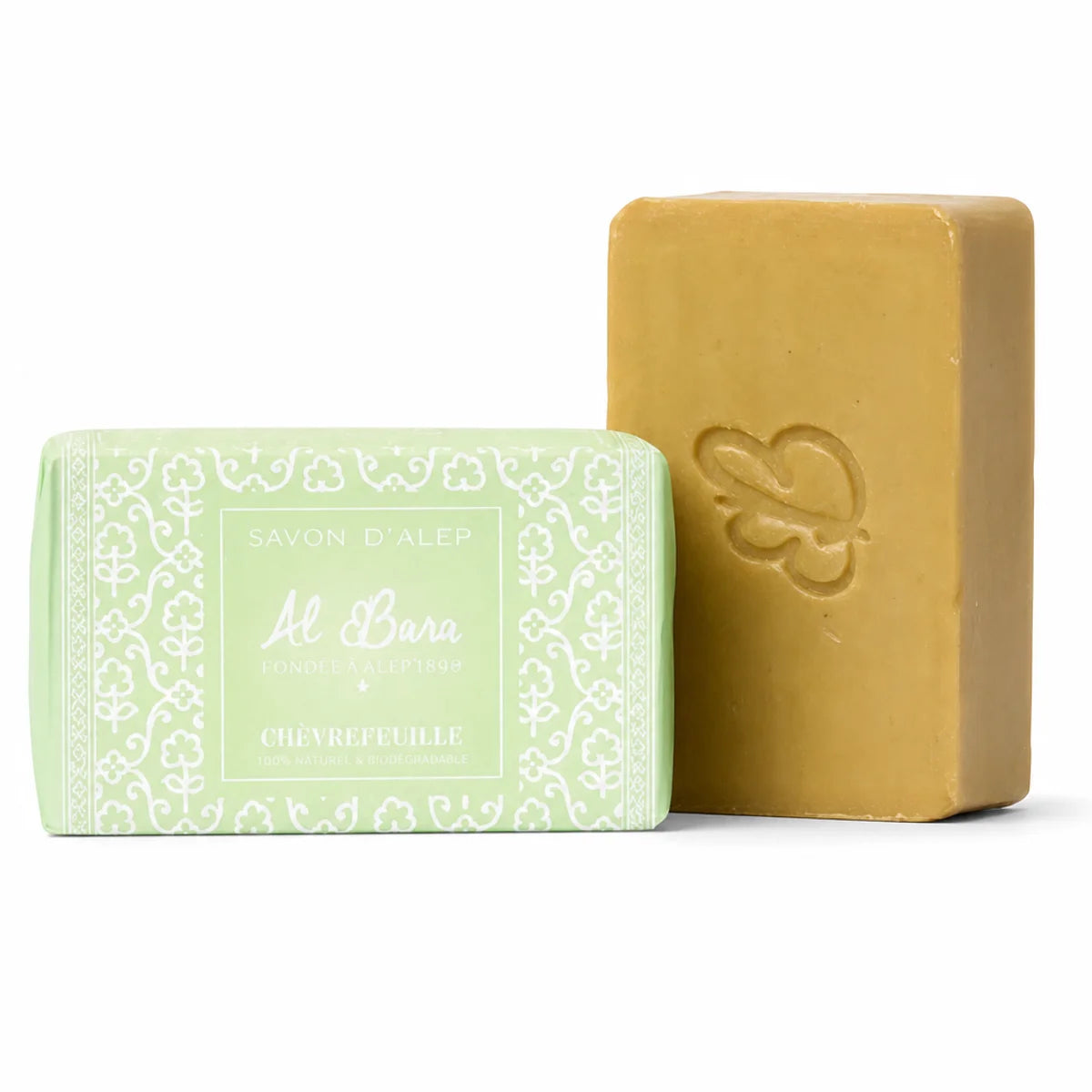 Savon d'Alep Chèvrefeuille Al Bara emballage vert et barre dorée fond blanc
