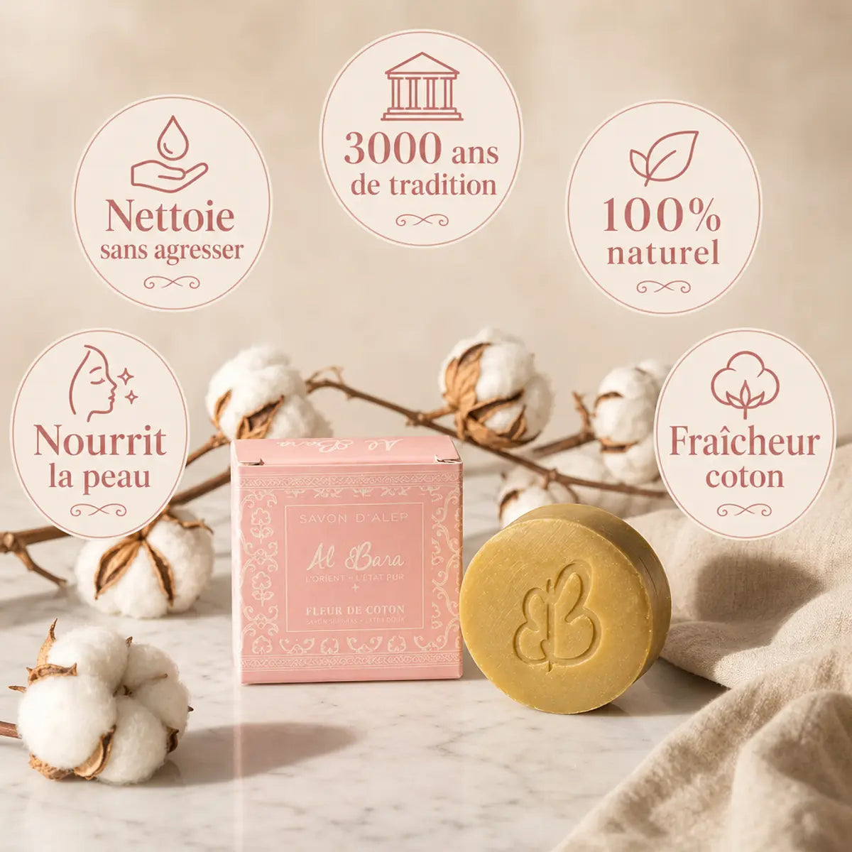 Savon d'Alep Fleur de Coton Al Bara avec bénéfices naturels sur marbre