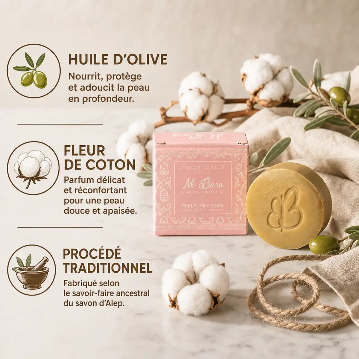 Savon d'Alep Fleur de Coton Al Bara avec ingrédients naturels huile d'olive et fleurs de coton
