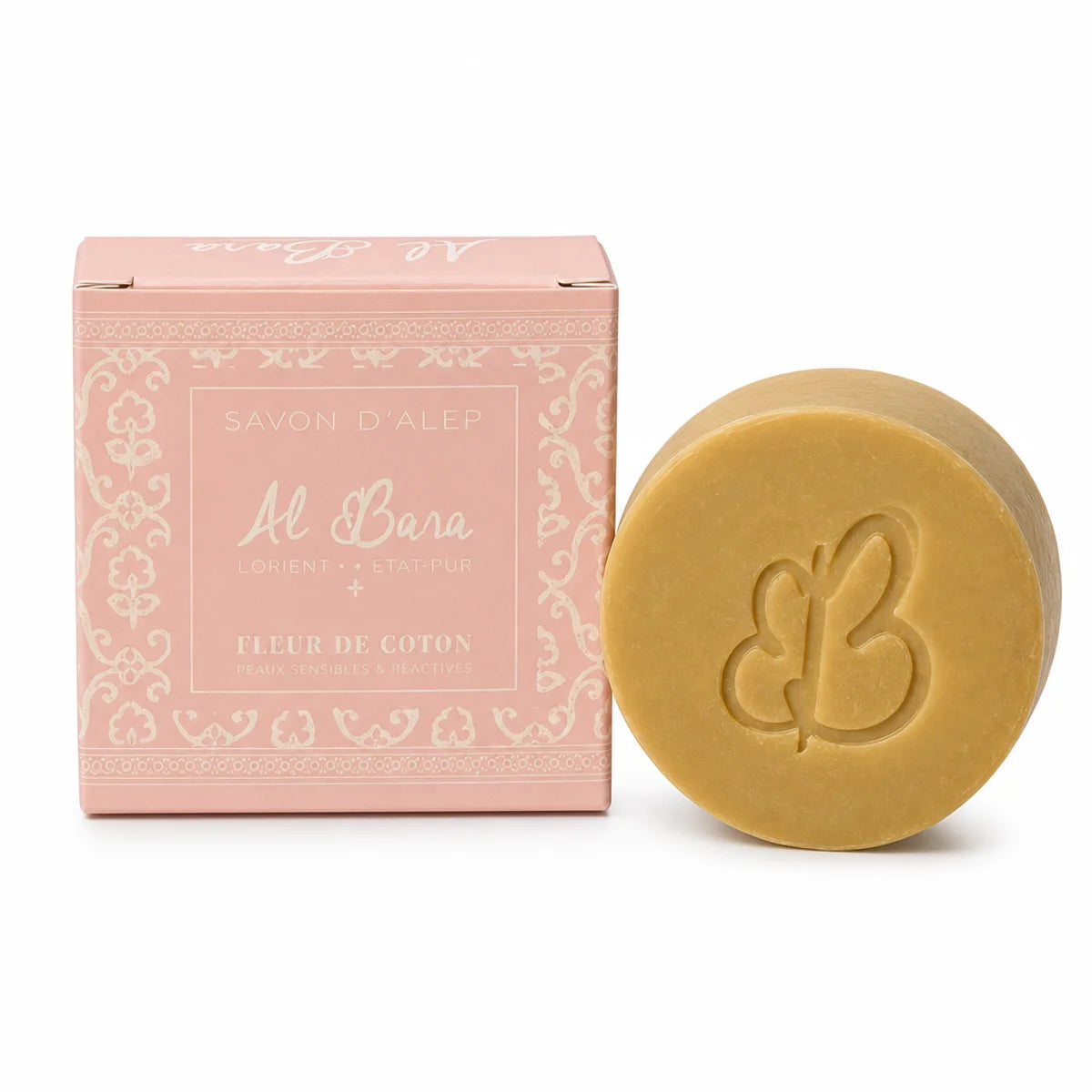 Savon d'Alep Fleur de coton Al Bara doré avec boîte rose et calligraphie arabe