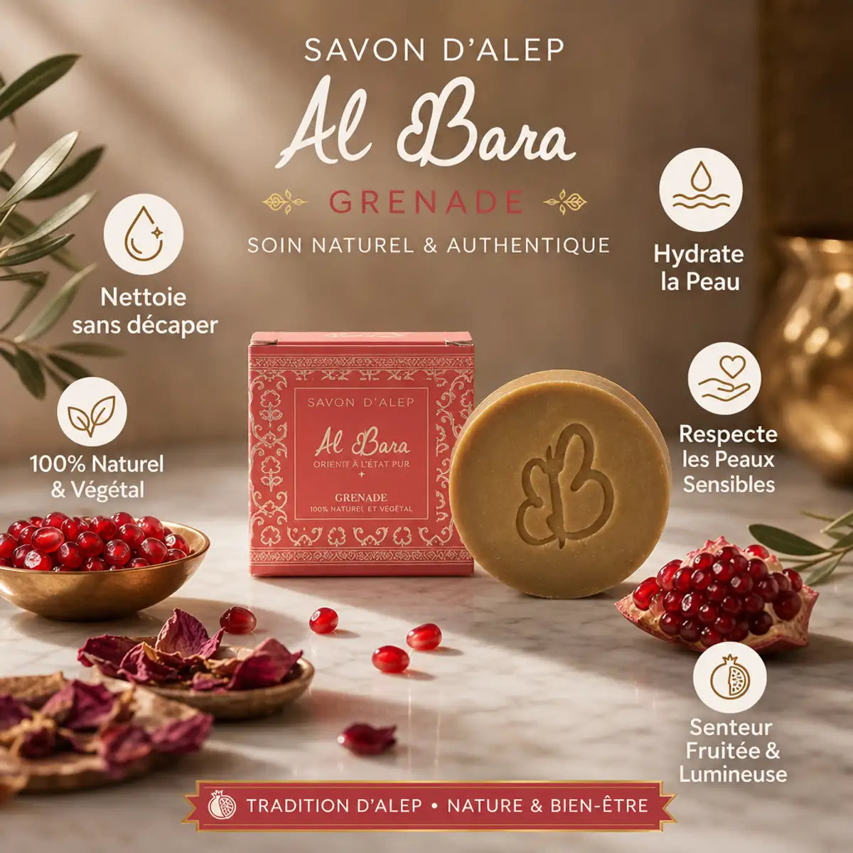 Savon d'Alep Grenade Al Bara 50g naturel avec bénéfices peau - emballage rouge or