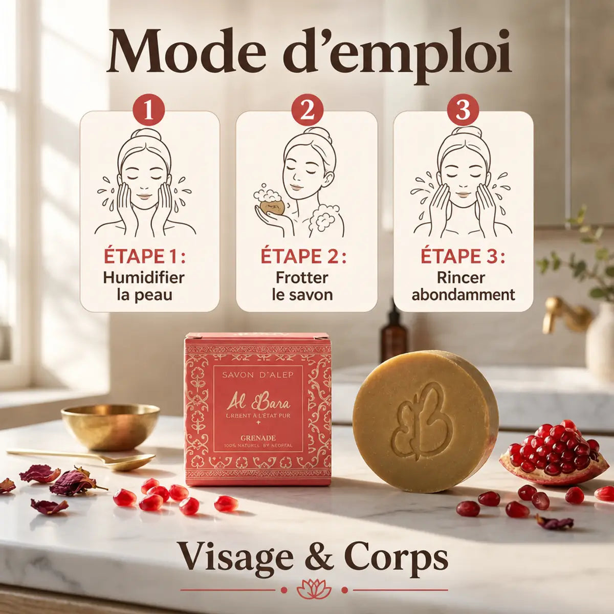 Savon d'Alep à la Grenade Al Bara 50g avec guide d'utilisation visage et corps en packaging rouge doré
