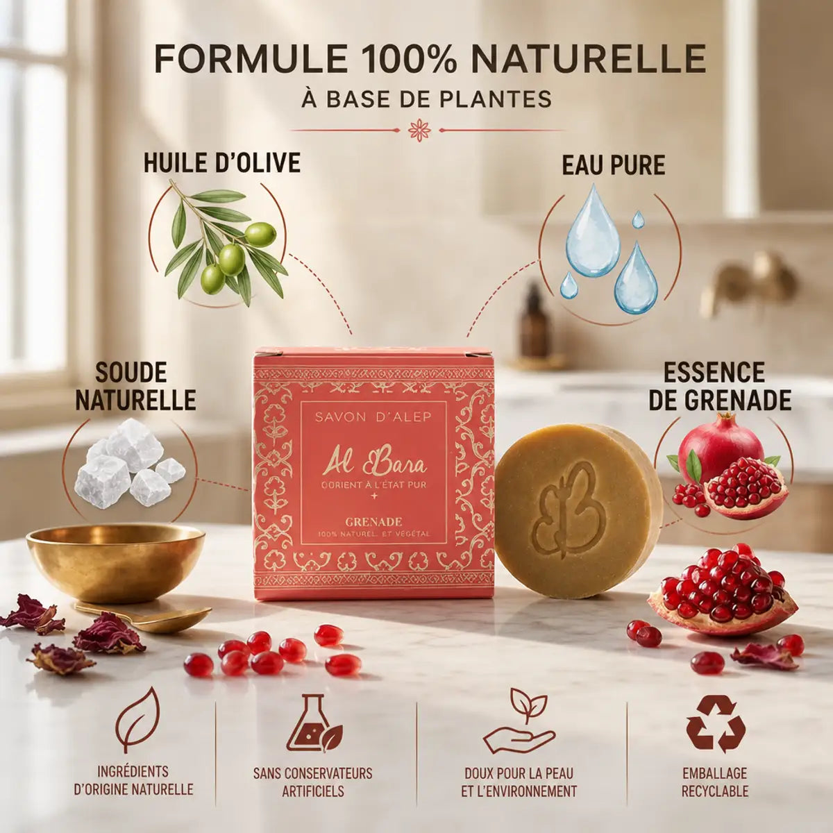 Savon d'Alep Grenade Al Bara 50g avec ingrédients naturels huile olive et essence grenade