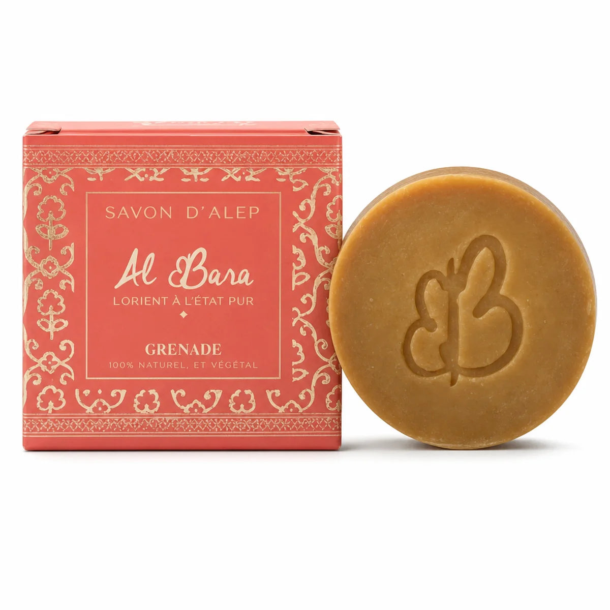 Savon d'Alep Al Bara Grenade 50g avec emballage rouge corail sur fond blanc