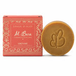 Savon d'Alep Al Bara Grenade 50g avec emballage rouge corail sur fond blanc