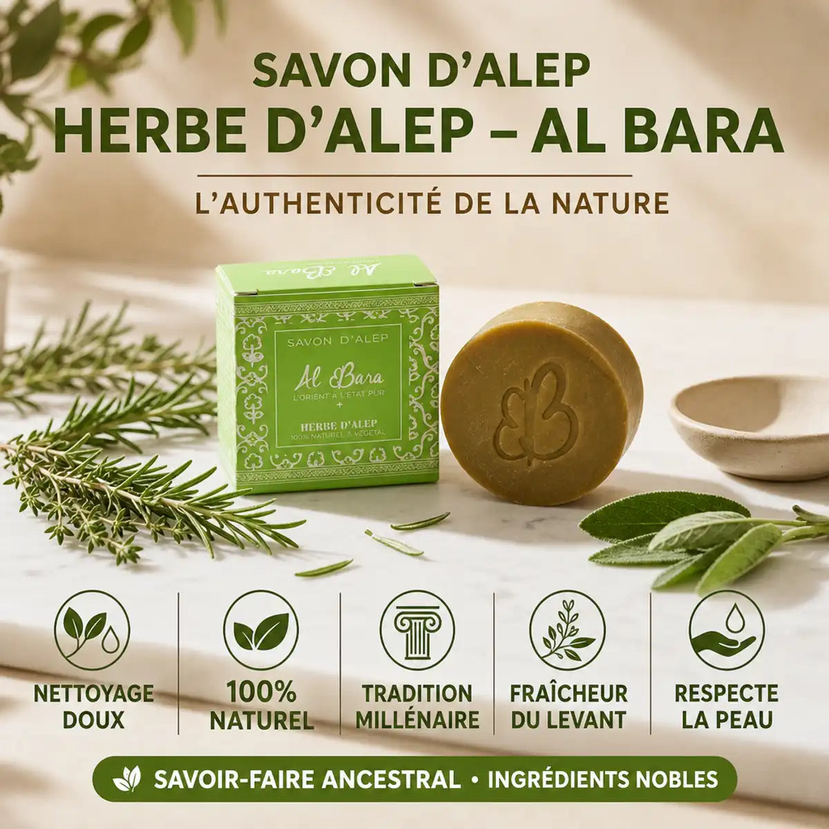 Savon d'Alep Herbe d'Alep Al Bara avec herbes fraîches et bénéfices naturels