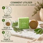Savon d'Alep Al Bara avec guide d'utilisation en 3 étapes et emballage vert sur marbre blanc