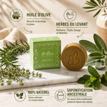 Savon d'Alep Herbe d'Alep Al Bara avec emballage vert, ingrédients naturels et herbes du Levant