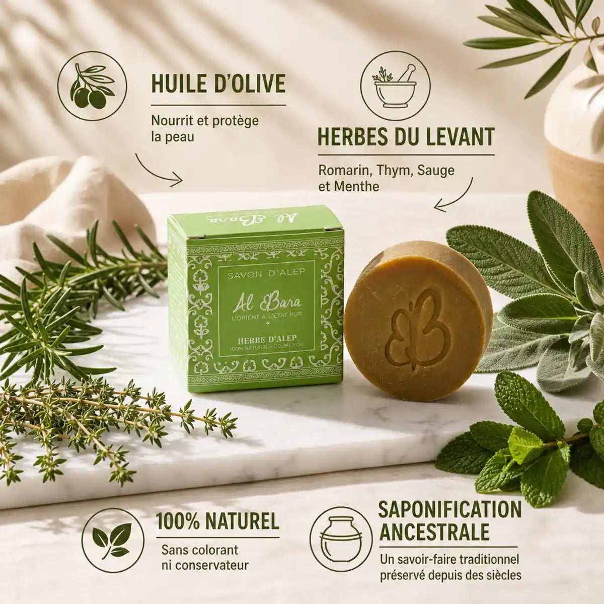 Savon d'Alep Herbe d'Alep Al Bara avec emballage vert, ingrédients naturels et herbes du Levant