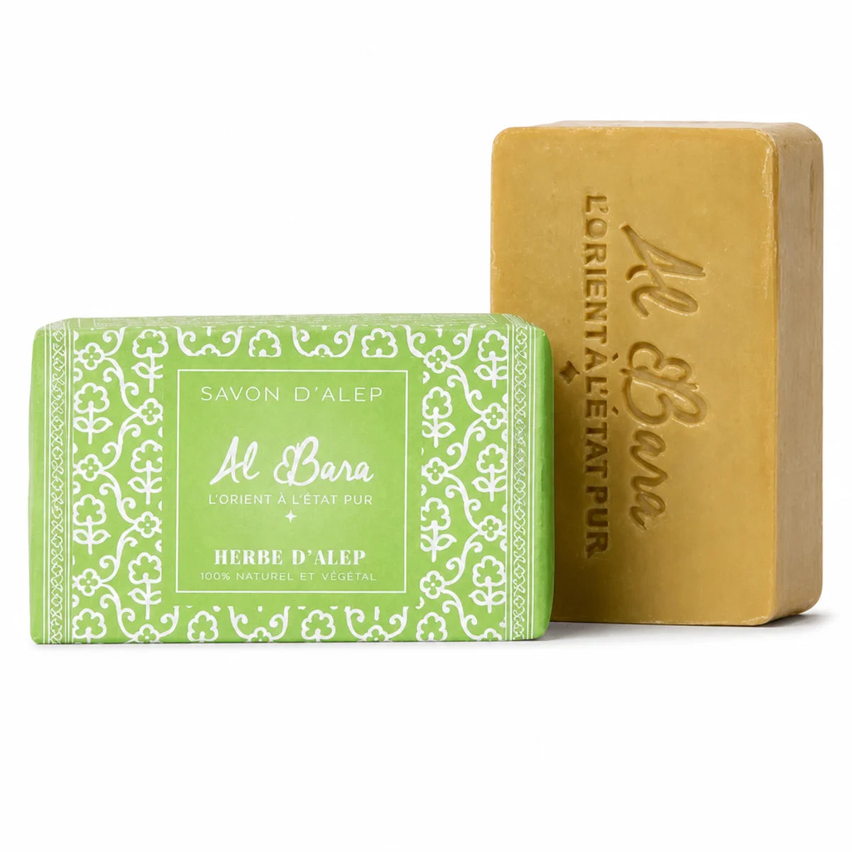 Savon d'Alep Al Bara Herbe d'Alep - Deux barres de savon naturel parfumé sur fond blanc