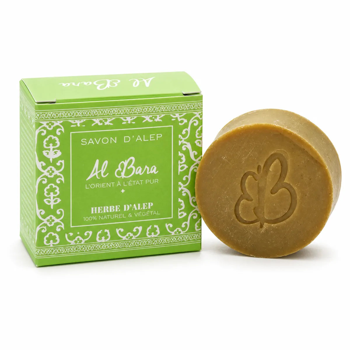 Savon d'Alep Herbe d'Alep Al Bara, barre ronde olive-brun avec boîte verte