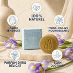 Savon d'Alep Iris Al Bara avec emballage bleu, bénéfices naturels et fleurs violettes