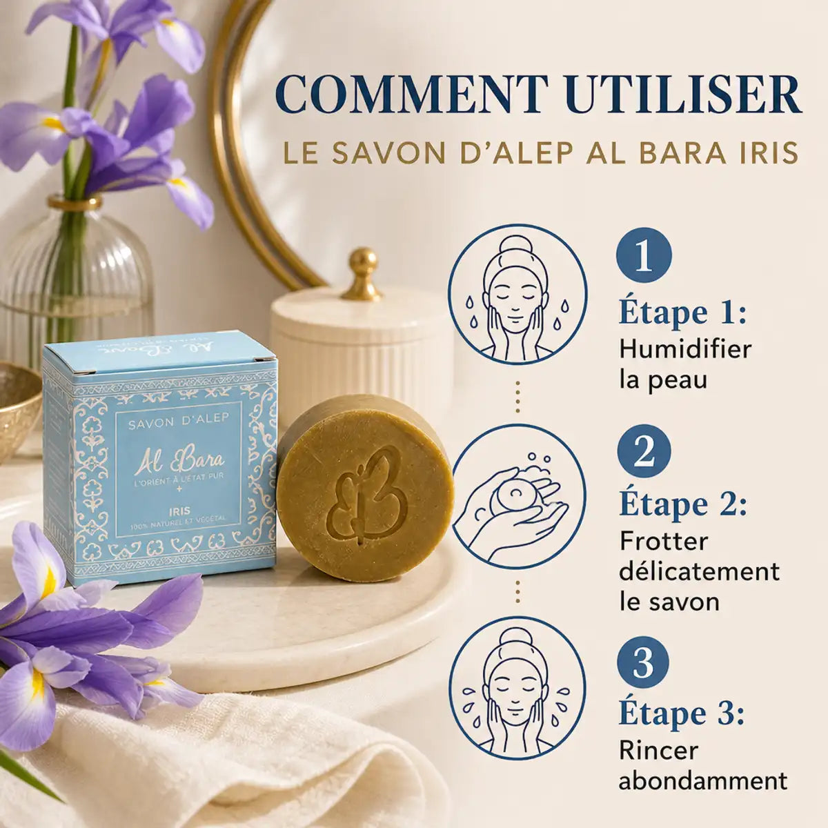Savon d'Alep Iris Al Bara avec boîte bleue et instructions d'utilisation en 3 étapes