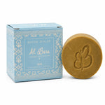 Savon d'Alep parfumé Iris Al Bara avec boîte turquoise et motifs dorés sur fond blanc