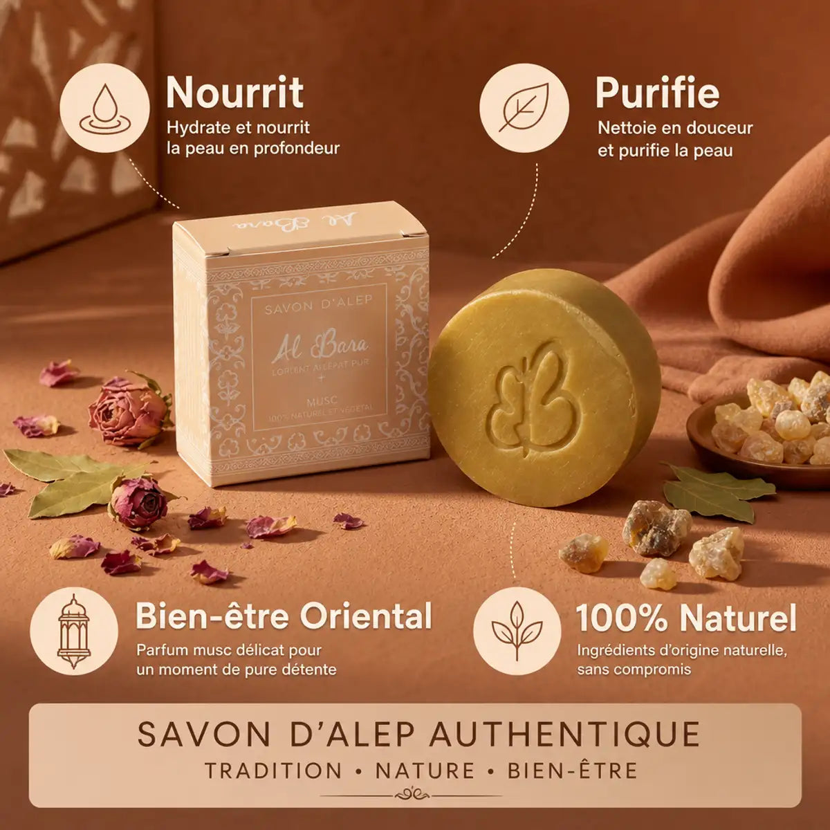 Savon d'Alep Musc Al Bara naturel sur fond terracotta avec pétales de rose et bénéfices wellness