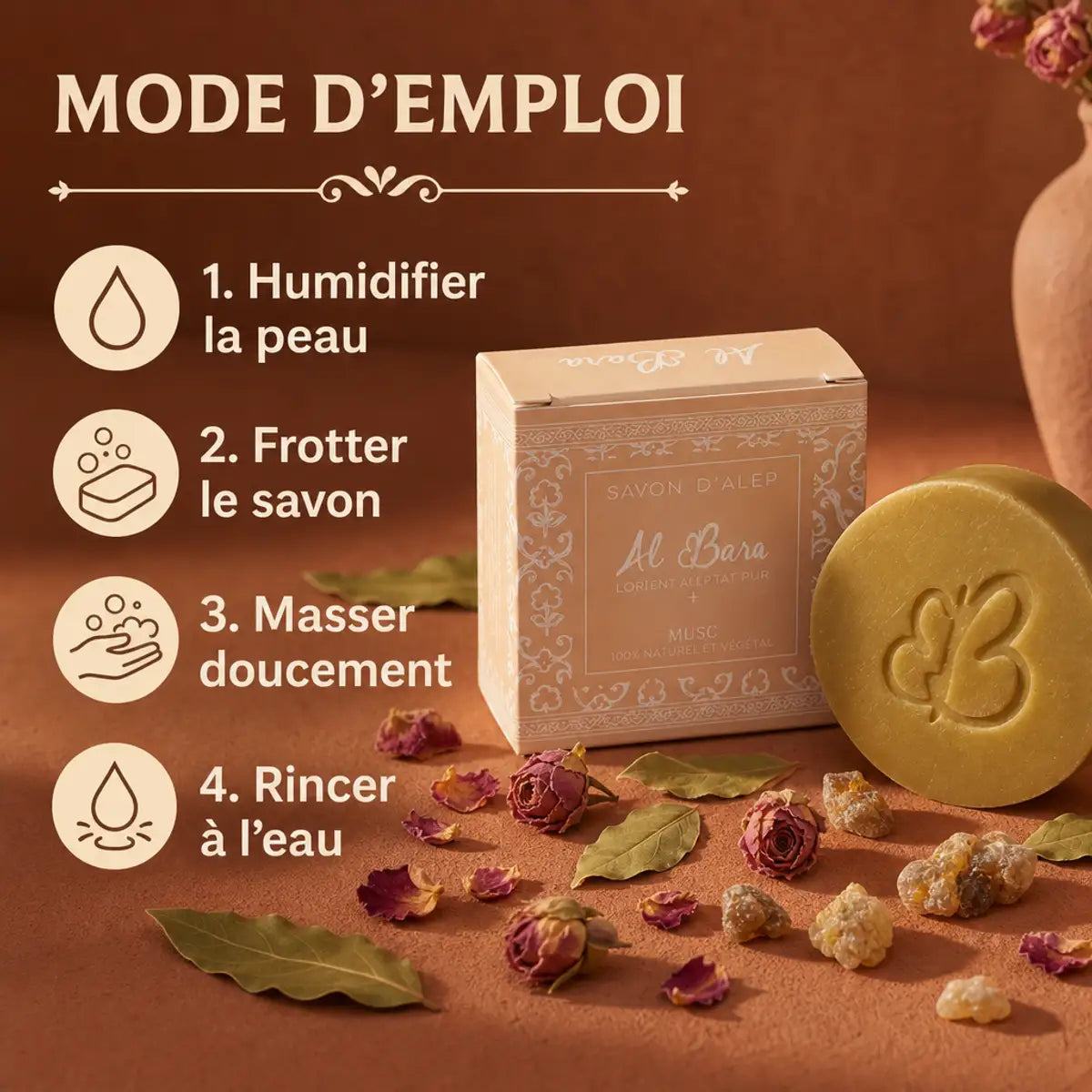 Savon d'Alep Musc Al Bara avec emballage, mode d'emploi et ingrédients naturels