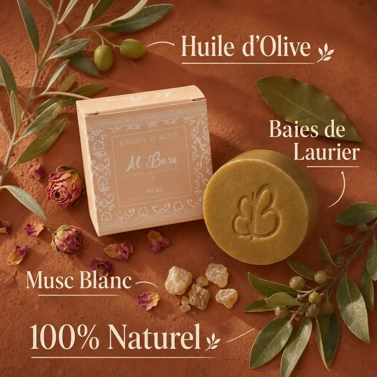Savon d'Alep Musc Al Bara avec emballage, ingrédients naturels olive et laurier sur fond terracotta