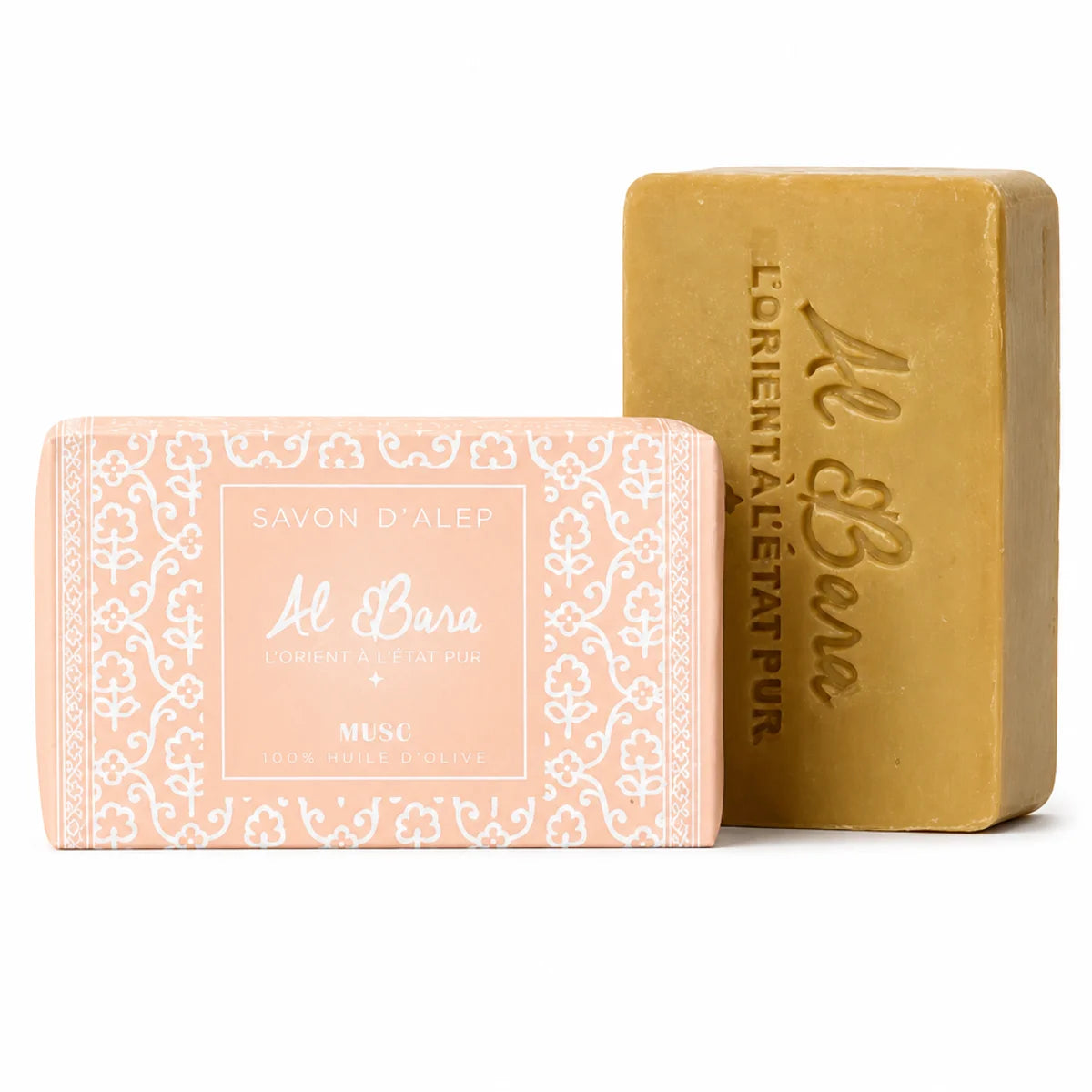 Savon d'Alep parfumé Musc Al Bara avec emballage rose et barre dorée sur fond blanc