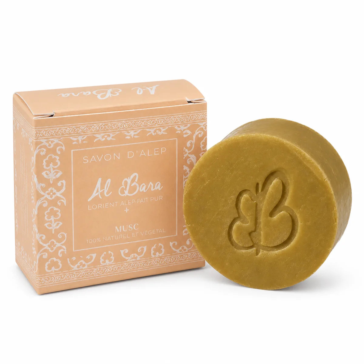 Savon d'Alep parfumé Musc Al Bara avec emballage beige sur fond blanc