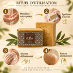 Savon d'Alep pur olive Al Bara 200g avec guide d'utilisation en 4 étapes illustrées